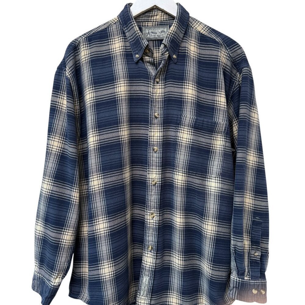 EAST ISLAND Mens Shirt Large Blue Plaid Vintage Rugged Long Sleeve Button Down